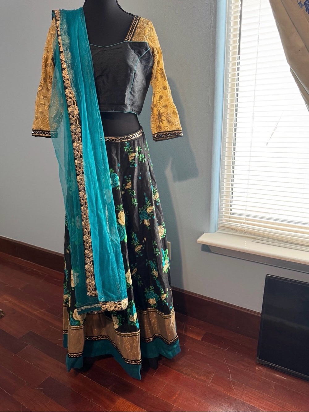 Black Floral Saree Maxi with Teal Dupatta and Yellow Blouse